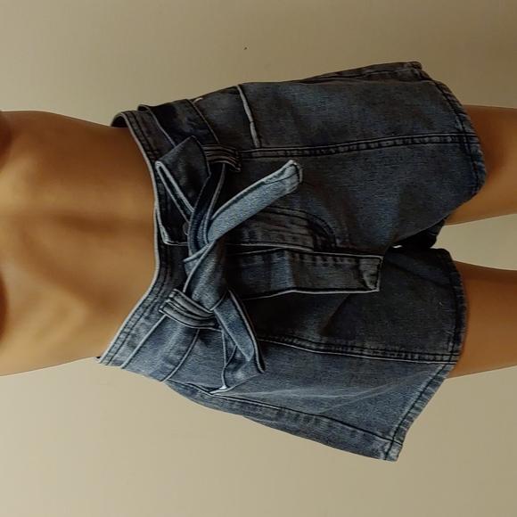 Pants - Blueish Gray High Waist Denim Shorts Bow Tie Removable Belt
